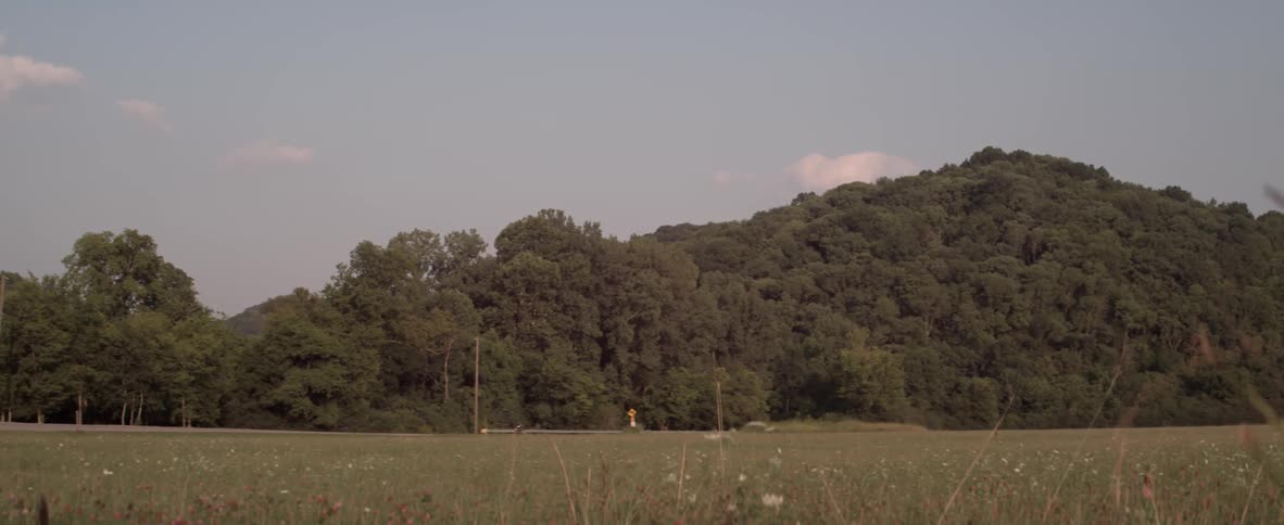 A bicyclist rides past a field in a rural setting during the day