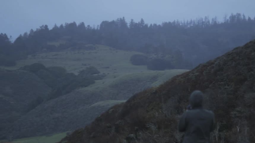 A person takes a photograph on the side of a hill