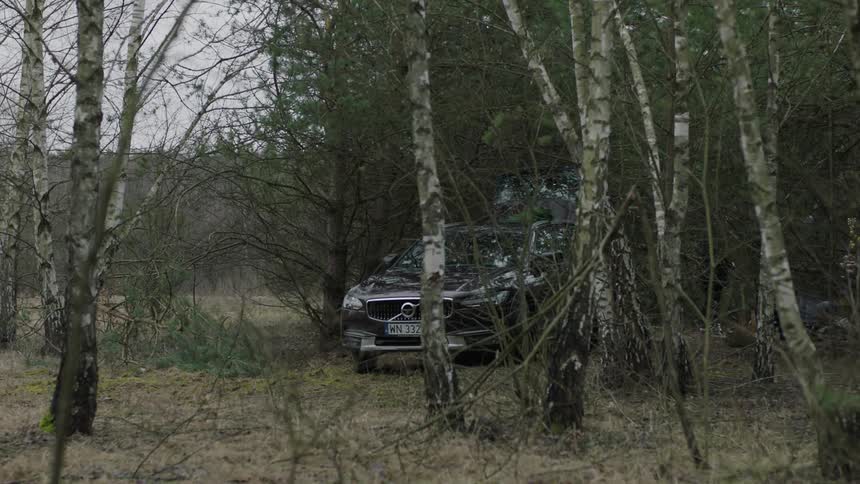 People work at a campsite near an suv in a forest