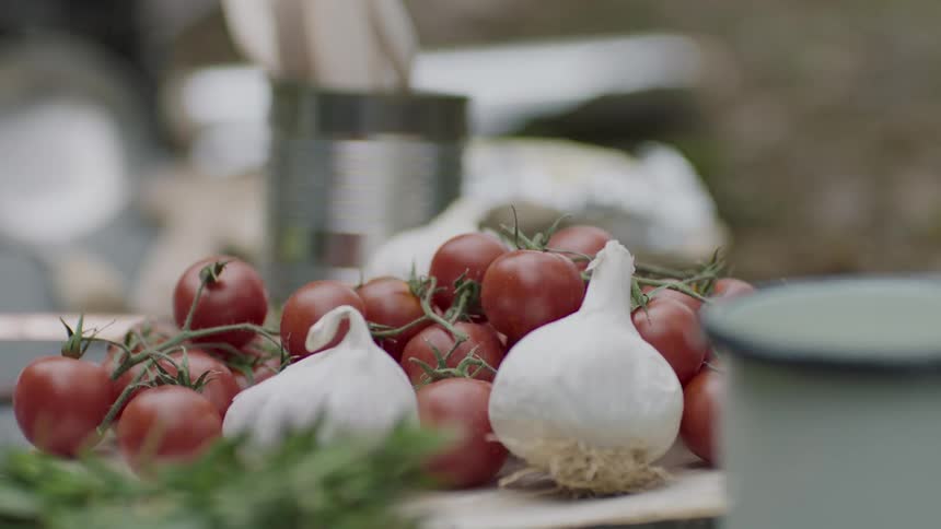 Fresh tomatoes and garlic sits on a cutting board