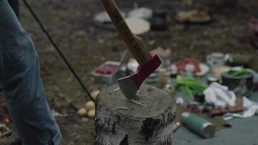 Man removes an ax from a tree stump