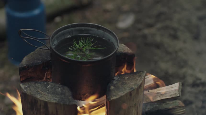 Flames surround a pot of water and greenery