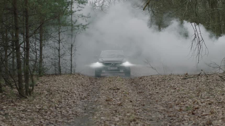 A car drives through a foggy forest