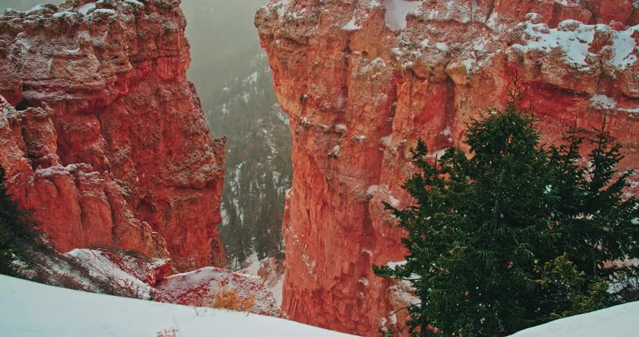Snowflakes fall gently near the mountains
