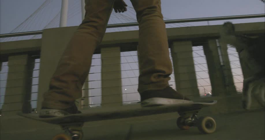 A man rides a skateboard while leading a dog