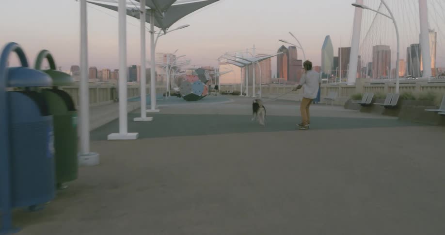 Person rides a skateboard while holding a dog on a leash