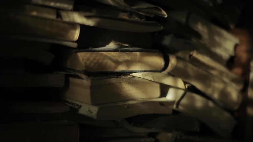 Many books sit in a pile in a dim room