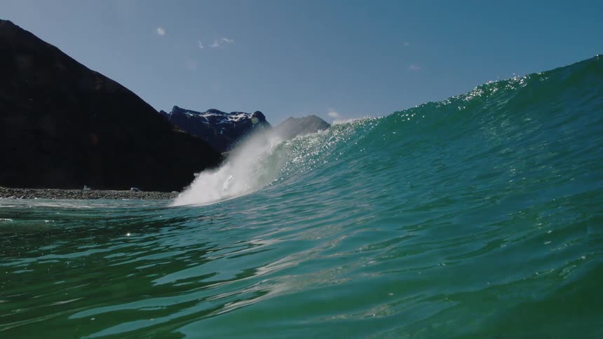 A tall wave builds and crashes near the shore