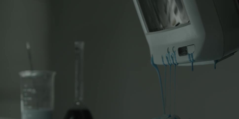 Blue liquid oozes from the cracks of a monitor in a lab