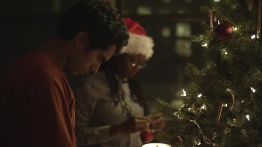 A woman is decorating a tree