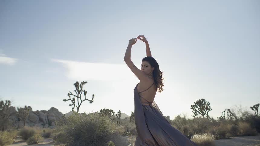 A woman moves seductively through a desert landscape on a sunny day