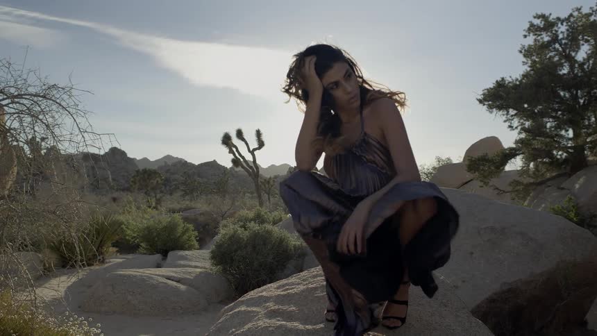 A woman in a flowing dress and high heels squats on a boulder in the desert