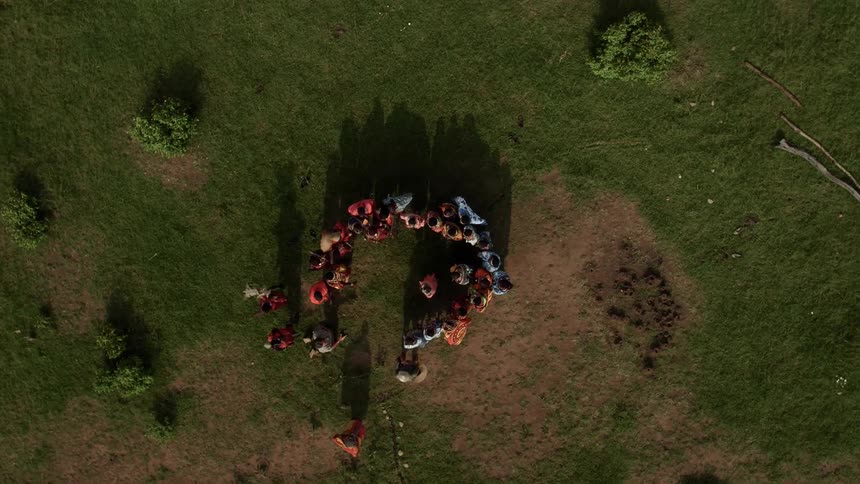 A group of school children gather in a field