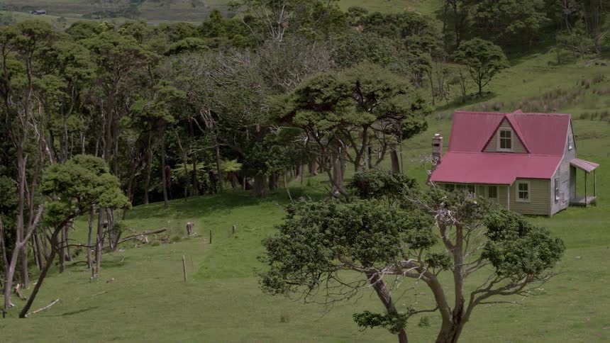 A copse of trees surround a farm house in a rural area