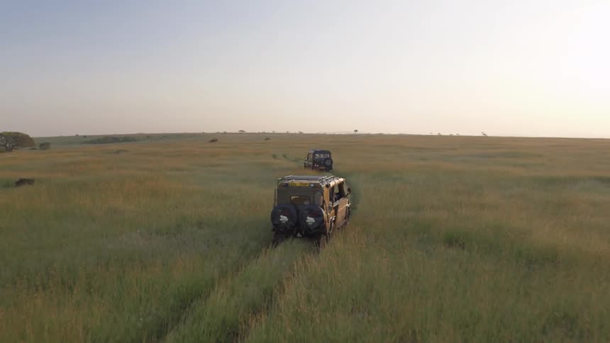 Two trucks travel in a field