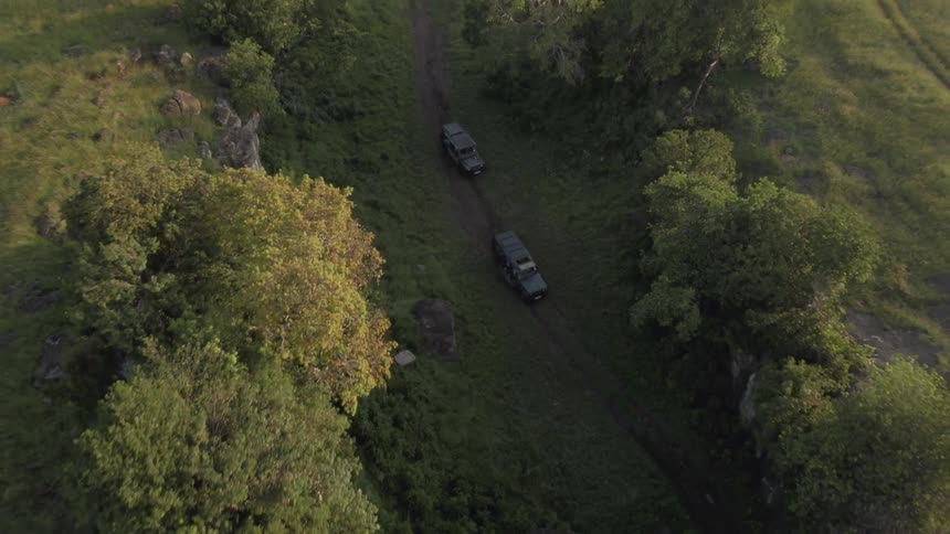 Two trucks travel on a dirt road in the safari