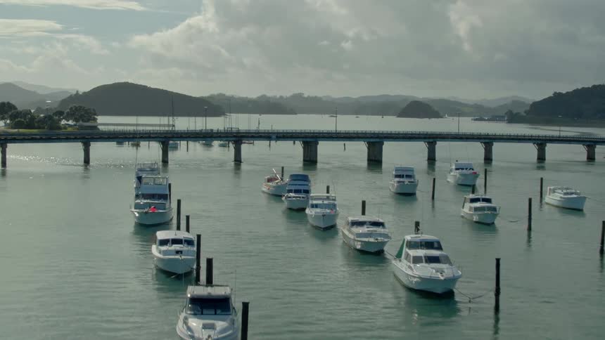 Vehicles pass on a bridge above parked boats