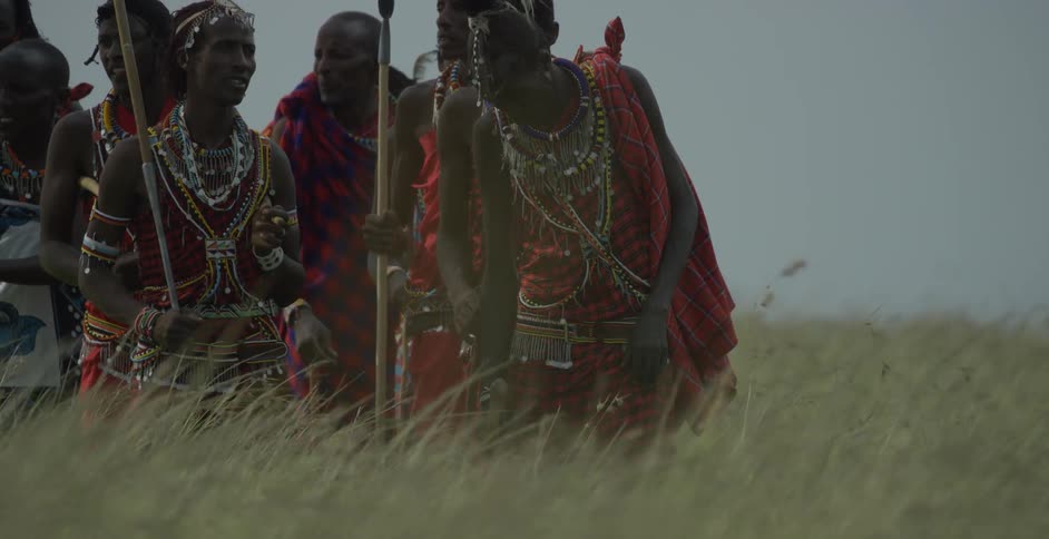 A group of maasai march through the field