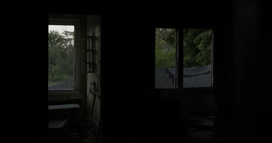Dark area of a house with the front door open and looking out into a wooded area