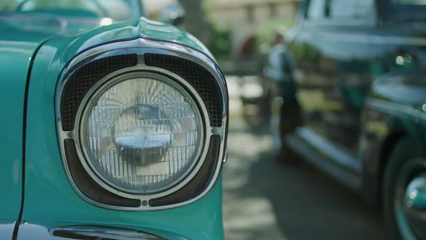 Old hot rods are parked under trees