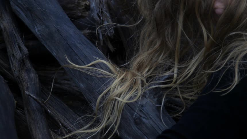 A woman's hair is draped over logs