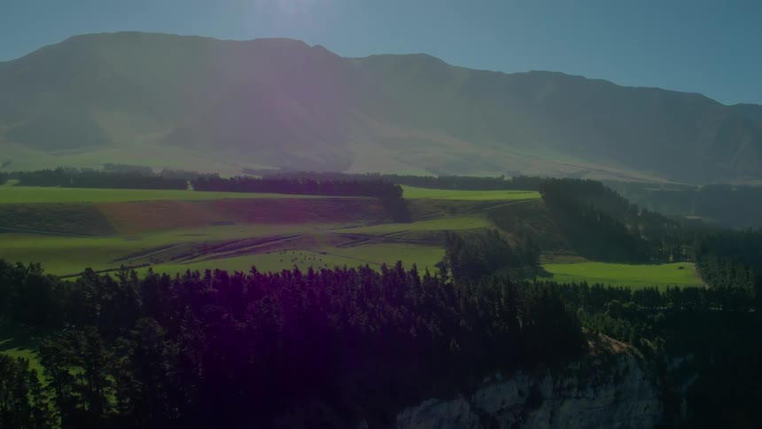 Trees line the top of a cliff near mountains