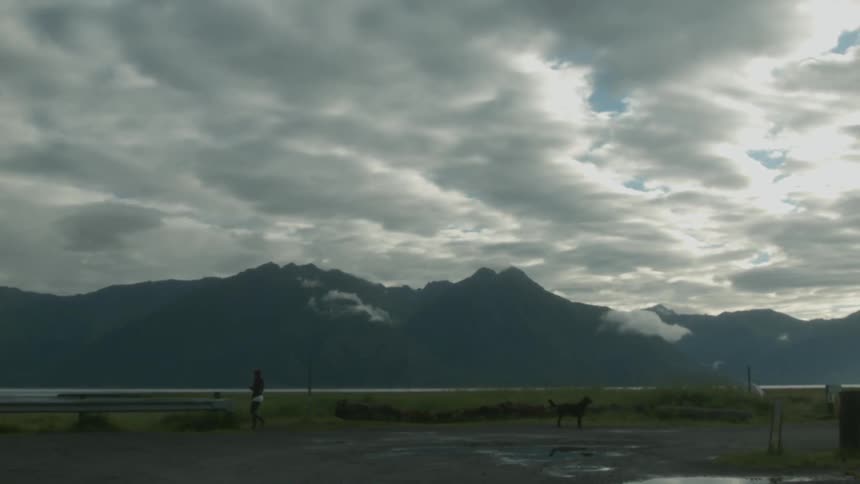 A person is walking along the shore on a cloudy day