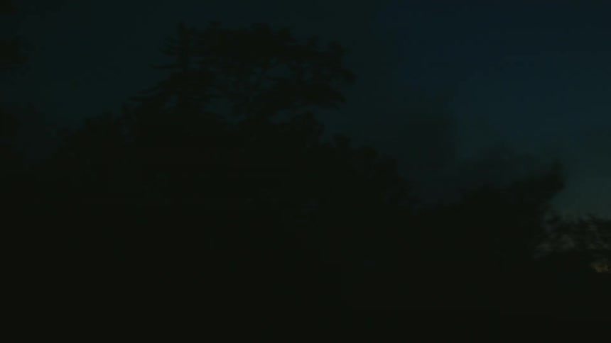 Passing by trees that are barely visible as dusk turns to night