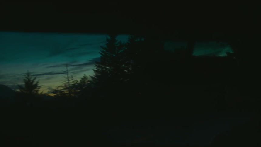 A car is driving in a natural landscape at dusk