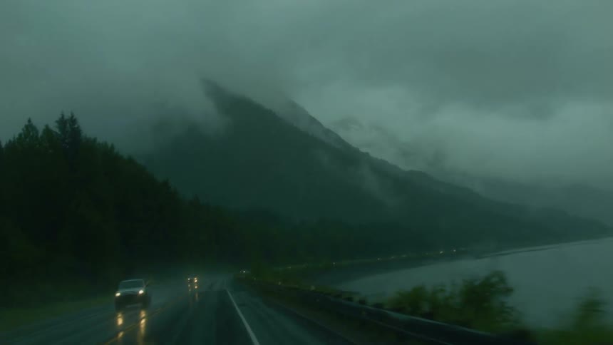 Cars driving on a rainy road near a mountain