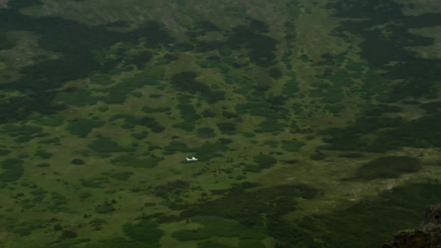 A small plane is flying between some large mountains and over some forest