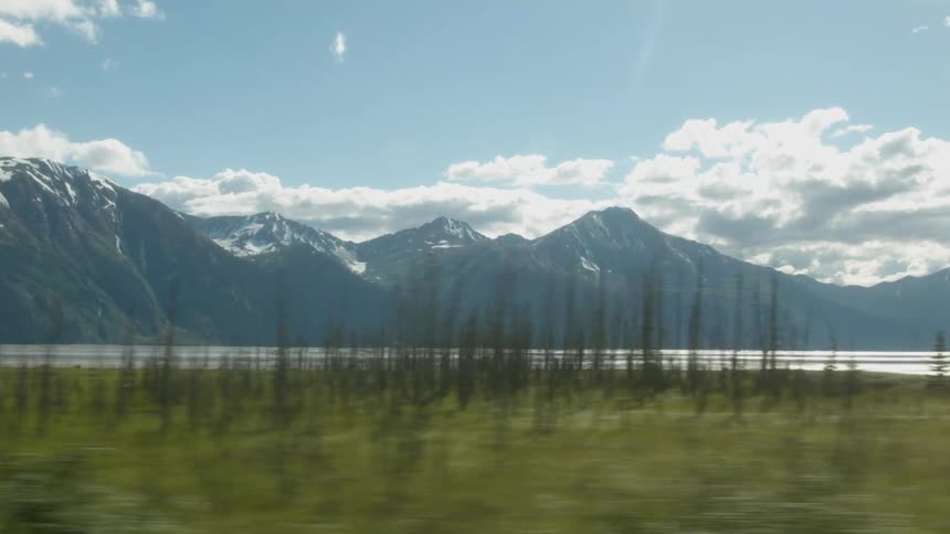 Lake in front of mountains on a sunny day