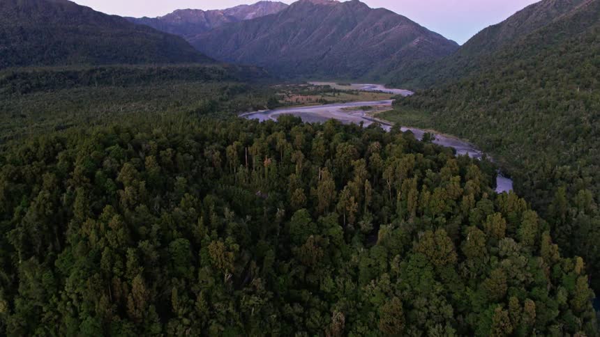 A river is flowing through a forest in a mountain valley during the day
