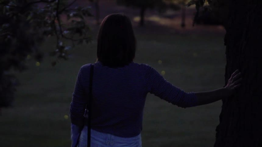 Woman leans on a tree as she watches traffic