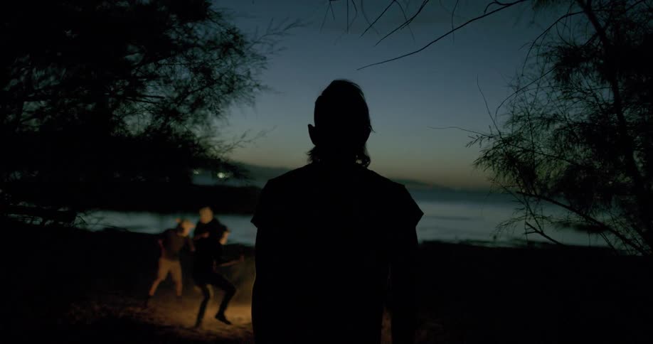 A man is walking towards a group of people dancing around a fire at night
