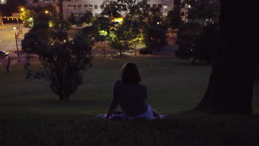 A woman is sitting under a tree watching the fireflies