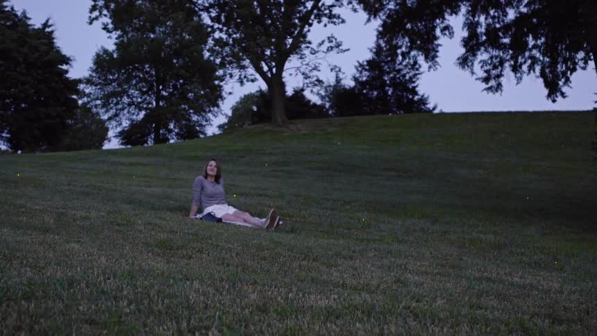 A woman is laying in a field of fireflies