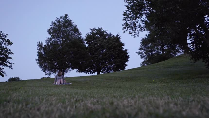 A woman lays in a field as fireflies flicker