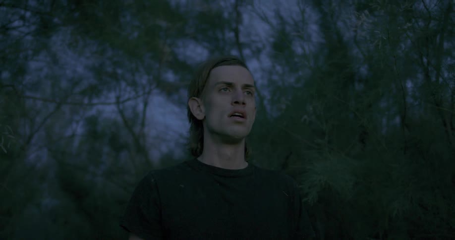 A man in a black shirt stands in the woods