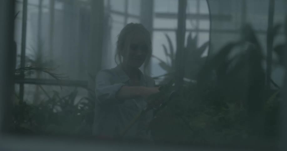 A woman waters plants in a greenhouse