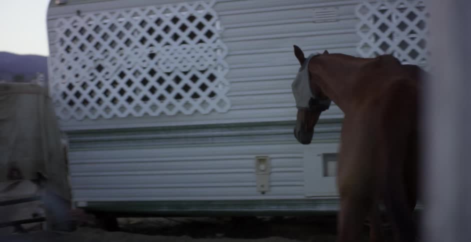 A horse paces in its enclosure beside a camper trailer at dusk