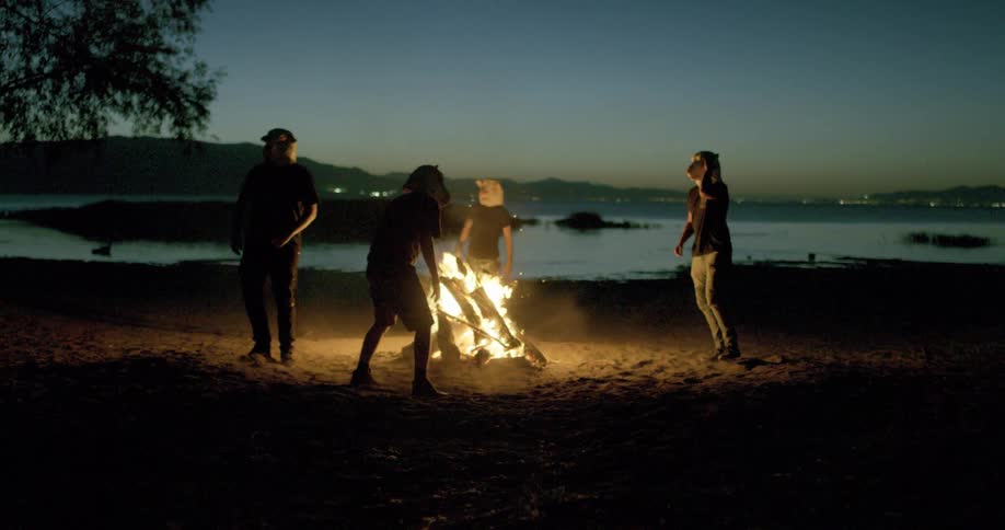 A group of people in sheep masks dance around a campfire