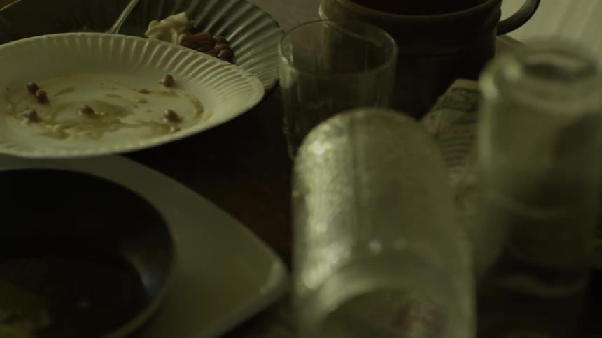 Dirty dishes sit on counter