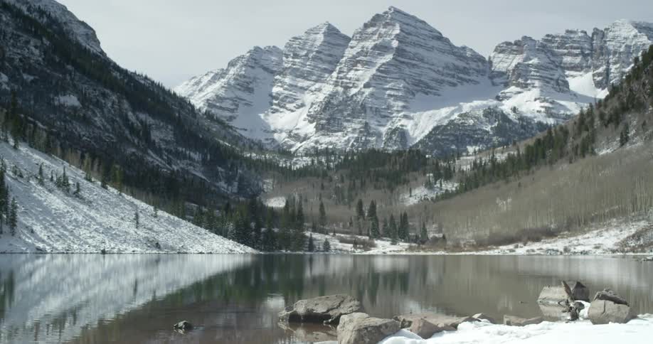 View of a lake with a large mountain covered in snow ahead