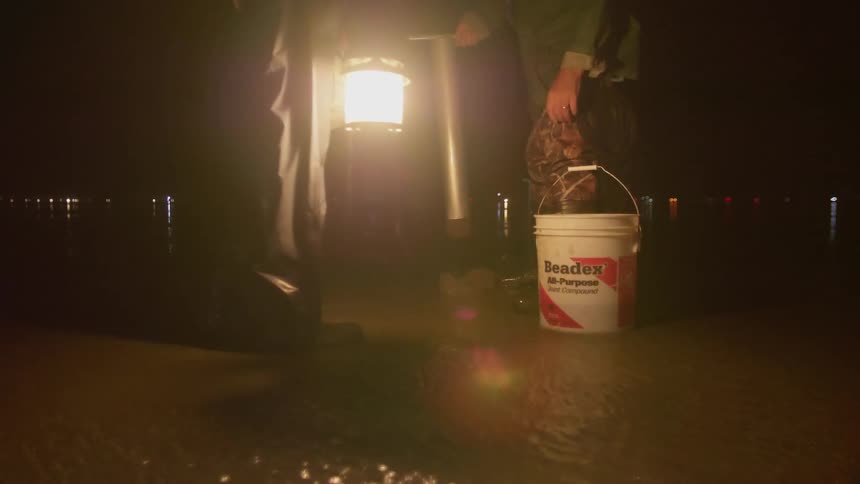 Men are digging for clams on a beach at night