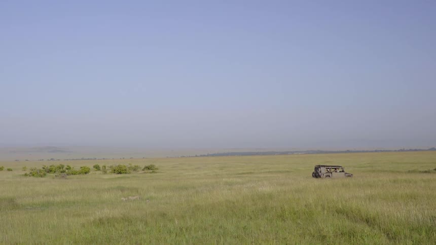 Vehicle sits in the grassy field under a blue sky