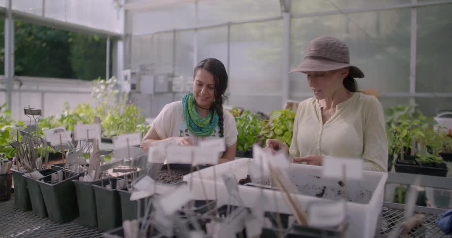 Two women smile and talk as they garden