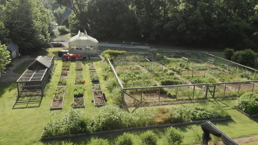 Flower beds are beside a fenced in garden and vines