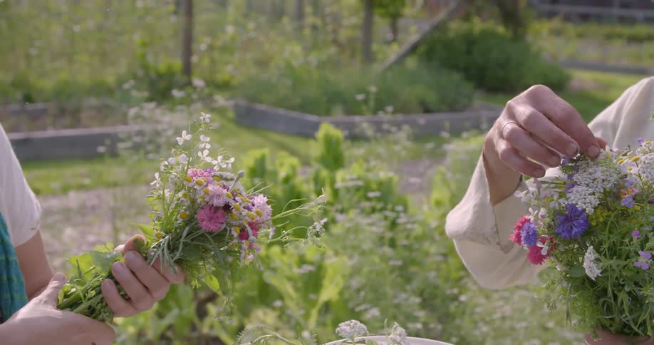 Two women are arranging flowers in a garden