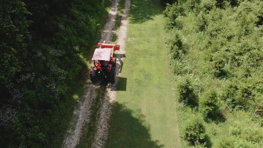 Woman walks behind a tractor on a farm